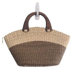 Straw Woven Clam Shell Bag Wooden Handles Zipper closure Beach Summer Boho